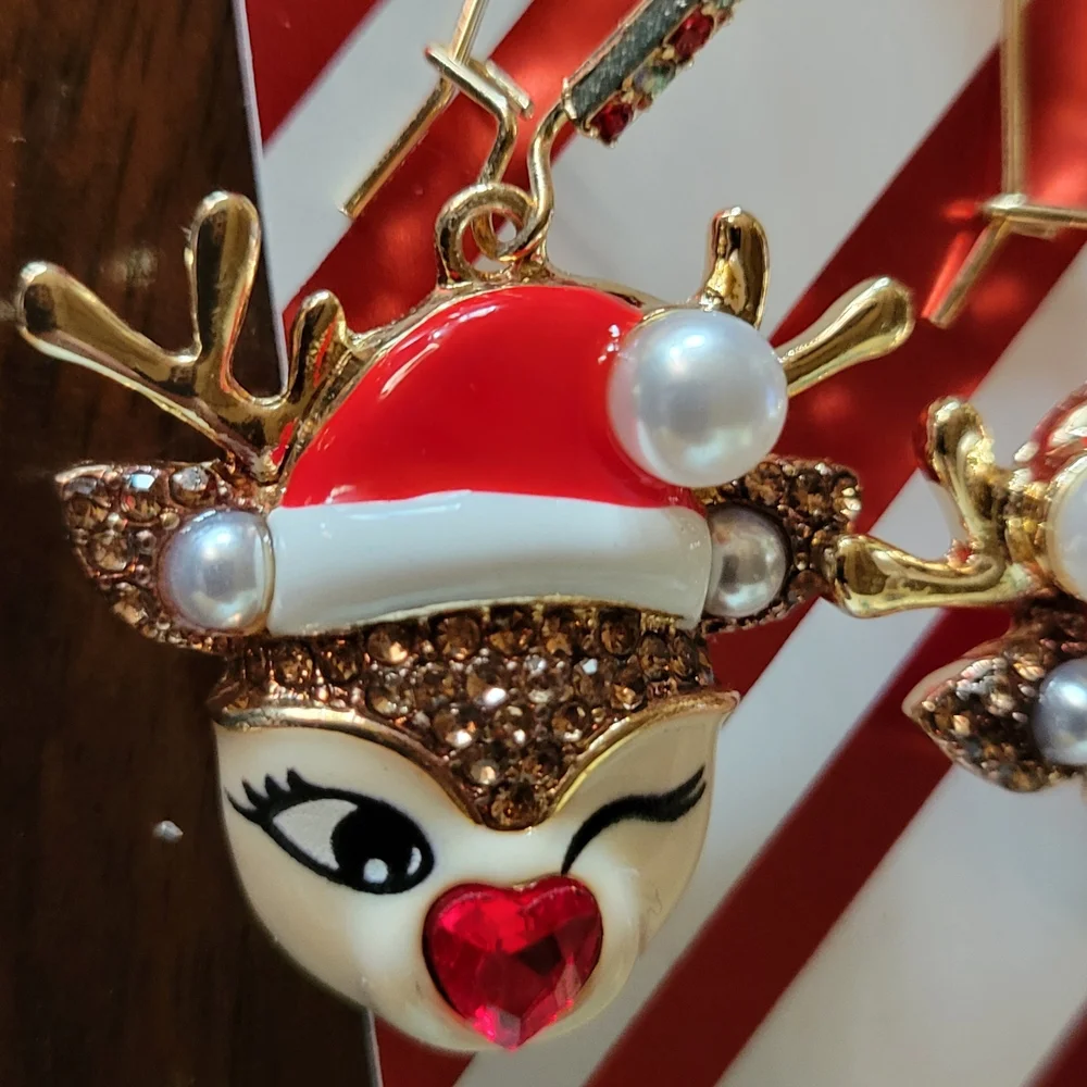 BETSEY JOHNSON Festive Reindeer Earrings with Red and Gold Accents - Picture 5 of 6